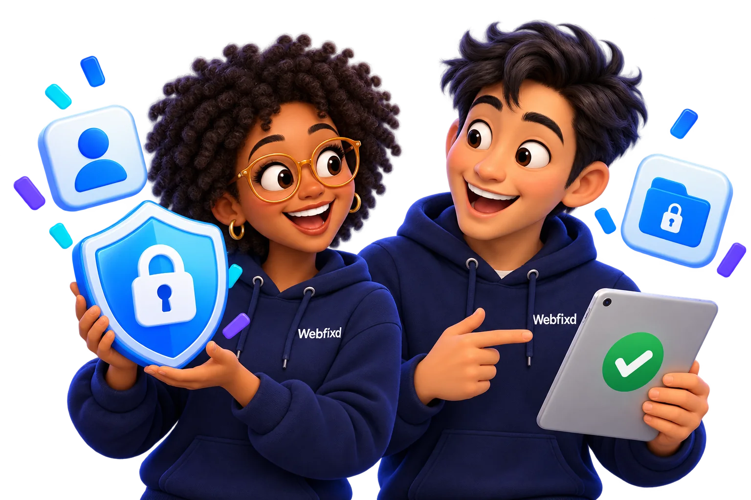 Webfixd characters helping protect information with secure devices and privacy icons