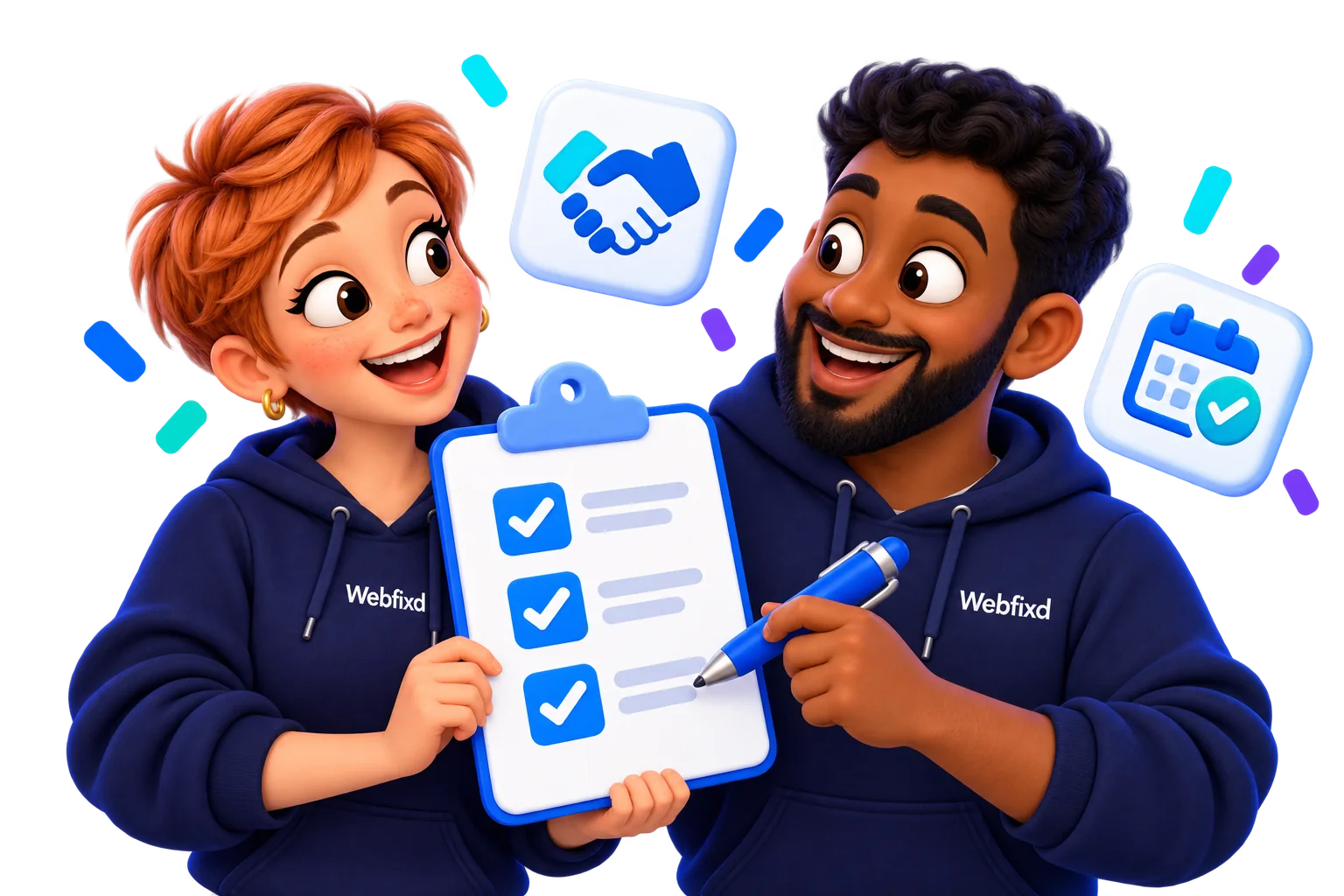 Webfixd characters checking an agreement and project plans