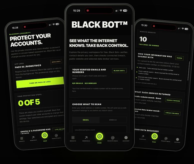 Black Bot privacy monitoring app and website