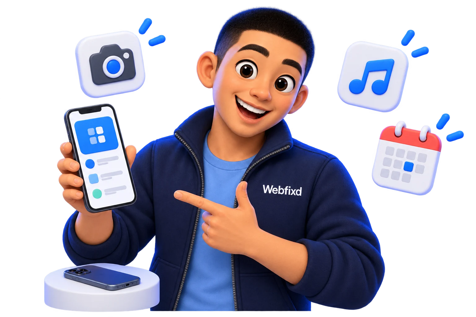 An app developer demonstrating an iPhone app with camera, music and calendar icons.