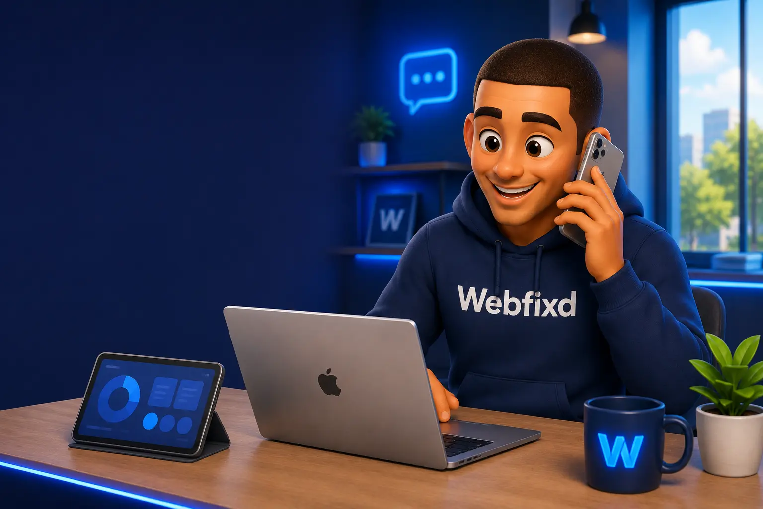 Stylised 3D character of AJ providing Webfixd customer support